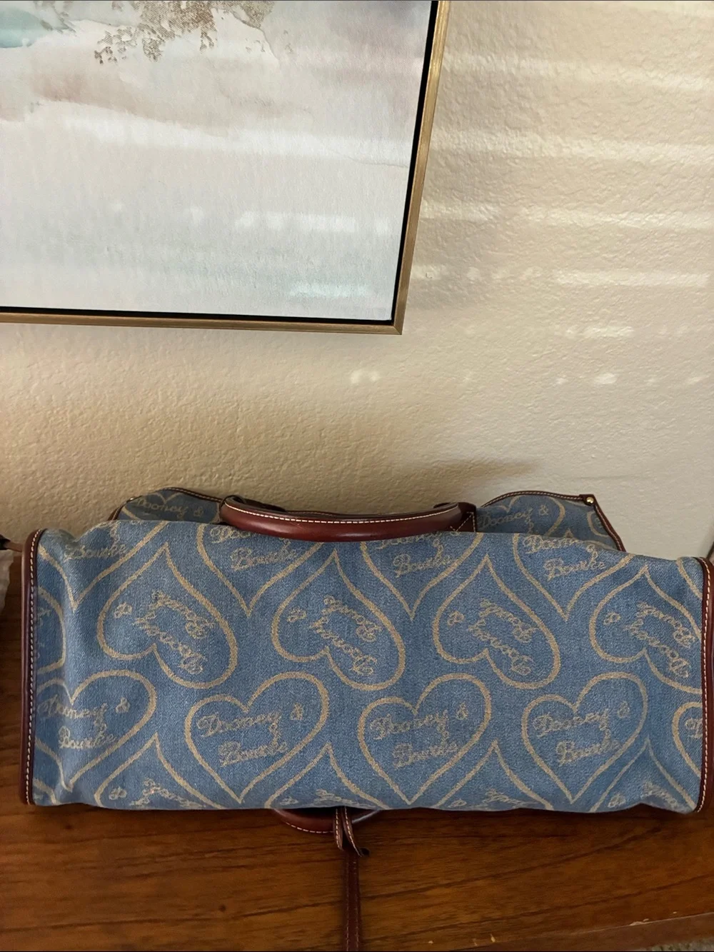 Dooney & Bourke rare vintage Blue Heart-denim leather trim tote bag